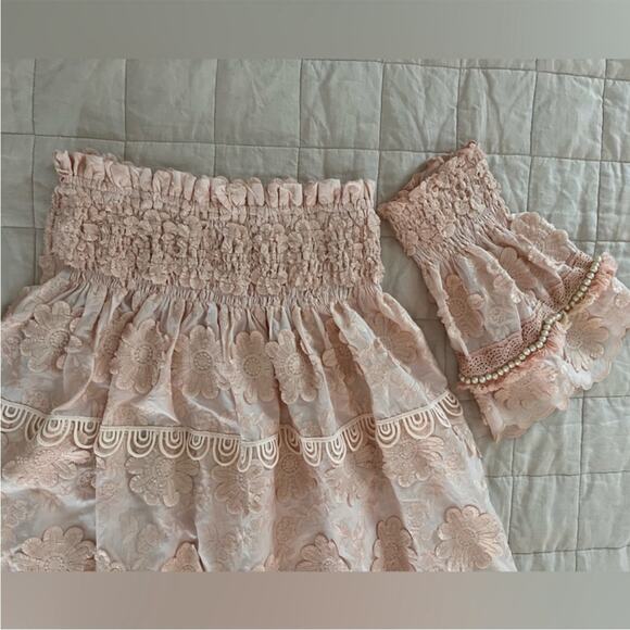 Laurie & Joe Pastel Peach Embroidered Boho Flower Strapless Babydoll Dress - M/L - Picture 4 of 10